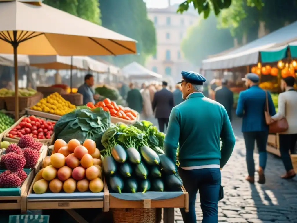 Historia cambios hábitos alimenticios Italia: Mercado italiano bullicioso con productos frescos y vendedores apasionados