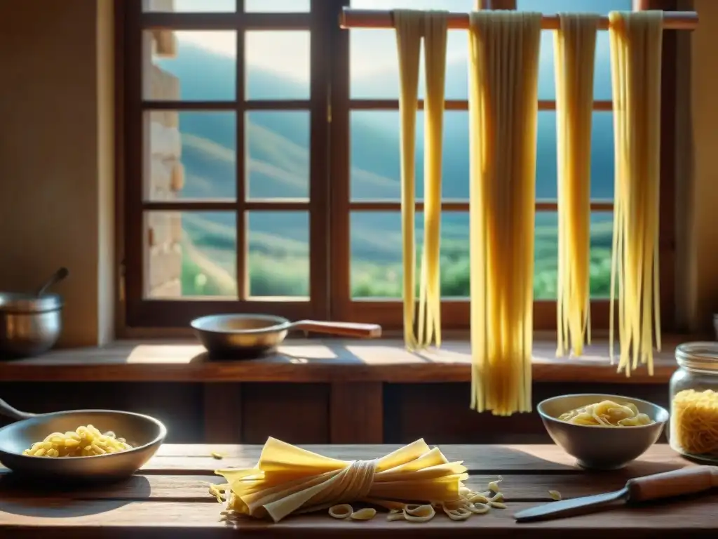 Historia de la pasta en horno tradicional italiano con pasta hecha a mano secándose y herramientas antiguas en mesa rústica