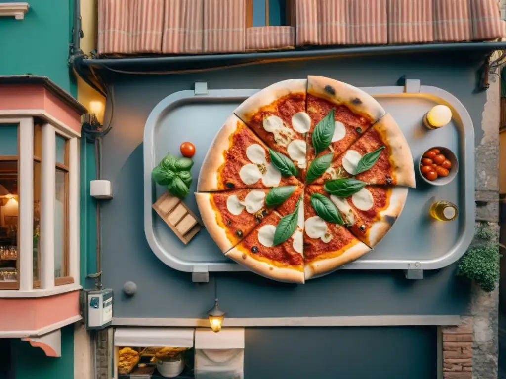 Historia de la pizza en Italia: Vista aérea de Nápoles al atardecer, con pizzerías tradicionales y calles bulliciosas