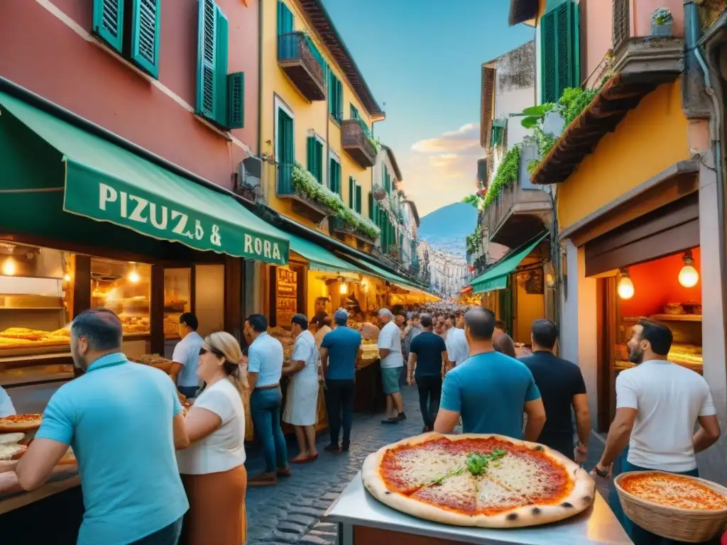 Historia de la pizza napolitana: Calles bulliciosas de Nápoles, pizzerías, pizzaiolos lanzando masa al aire y clientes ansiosos