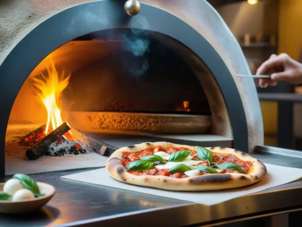 Historia de la pizza napolitana tradición: Pizzaiolo experto preparando una pizza en Nápoles