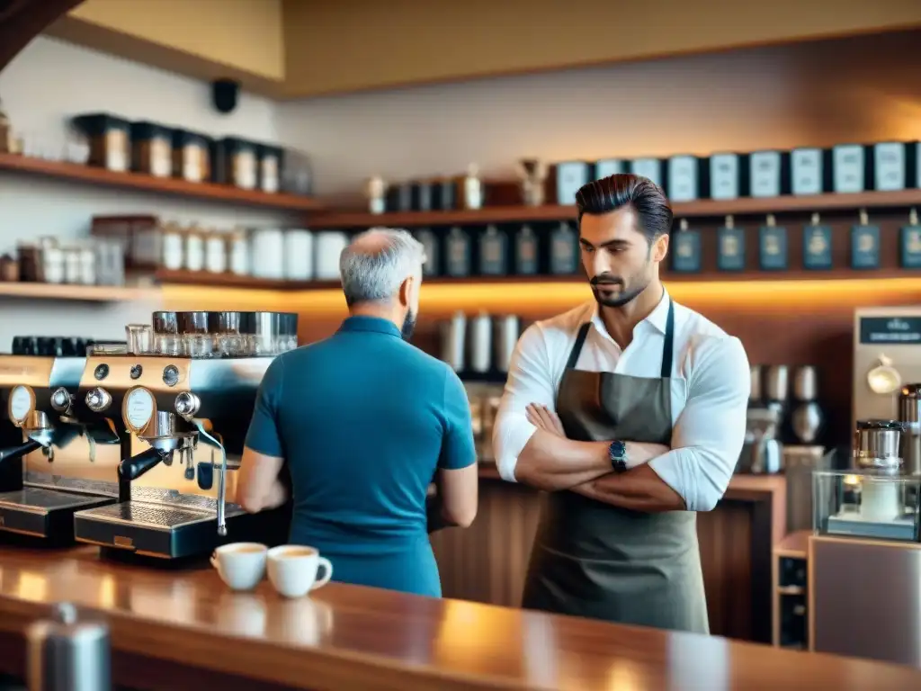 Café histórico italiano: baristas preparando espresso, clientes charlando, aroma a café