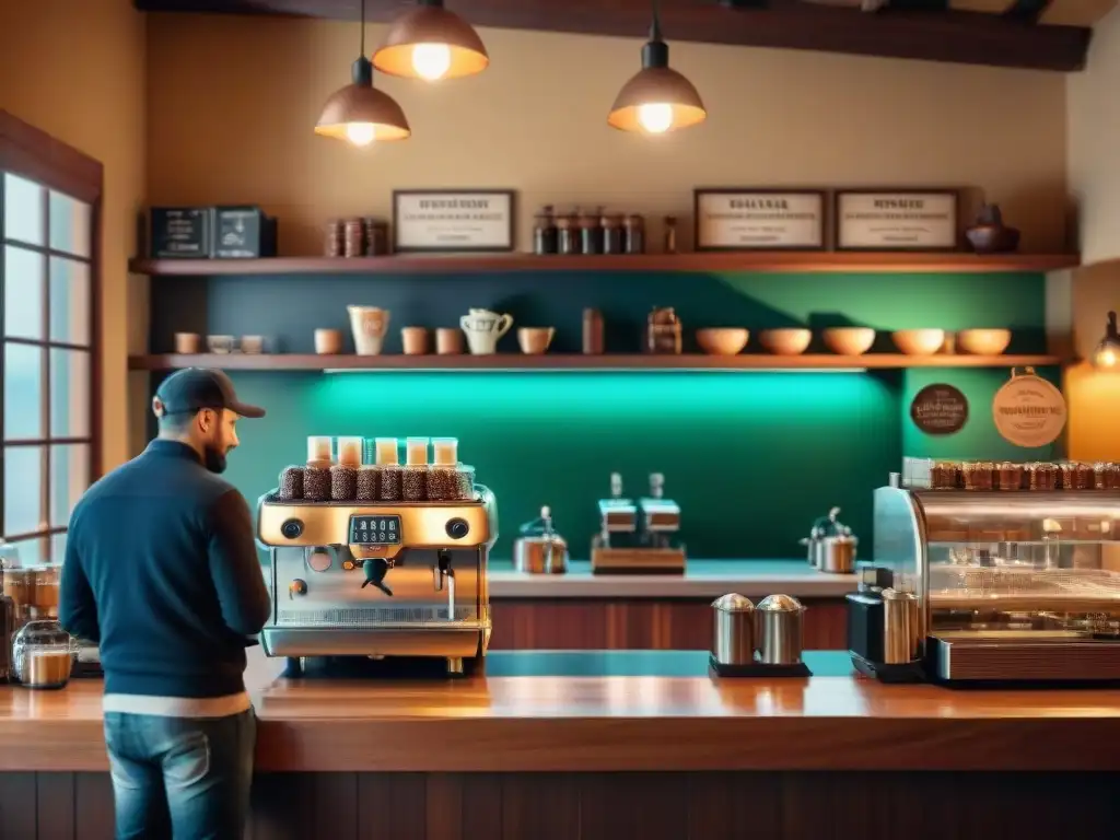 Café histórico italiano lleno de vida, con barista preparando cappuccino, máquinas vintage y ambiente acogedor