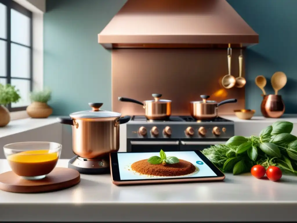 Un hogar culinario italiano tradicional y moderno con gadgets integrados y recetas en dispositivos, fusionando encanto y tecnología