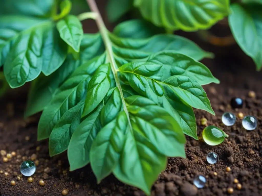 Hojas de albahaca brillantes con gotas de rocío en huerto urbano, cultivar ingredientes italianos