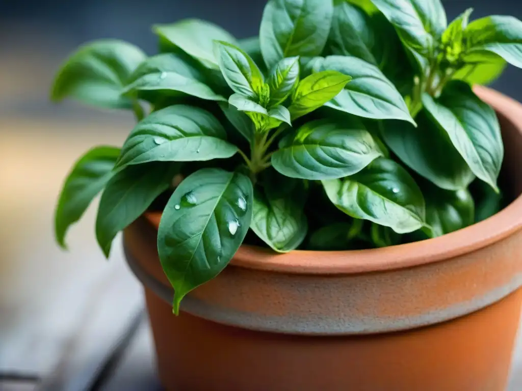 Hojas de albahaca fresca con gotas de agua en un jardín italiano, cultivar hierbas italianas en casa