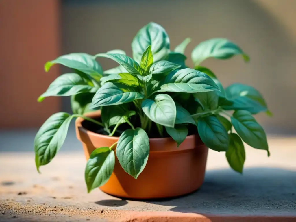 Hojas de albahaca fresca brillando con gotas de agua bajo la luz matutina, cultivar hierbas italianas en casa