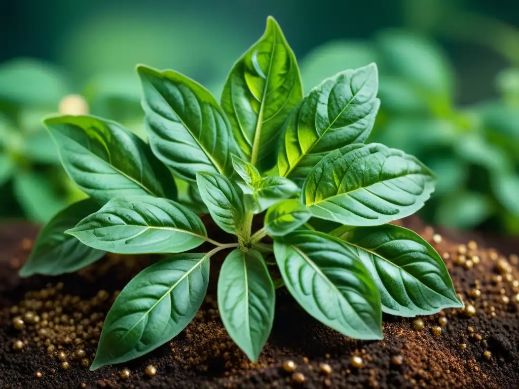 Hojas de albahaca italiana recién cosechadas, vibrantes y brillantes con gotas de agua, en un suelo oscuro