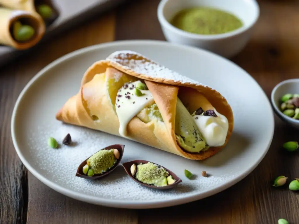 Un Cannoli recién horneado con cáscara crujiente, relleno de crema de ricotta dulce y espolvoreado con azúcar glass, pistachos y chocolate