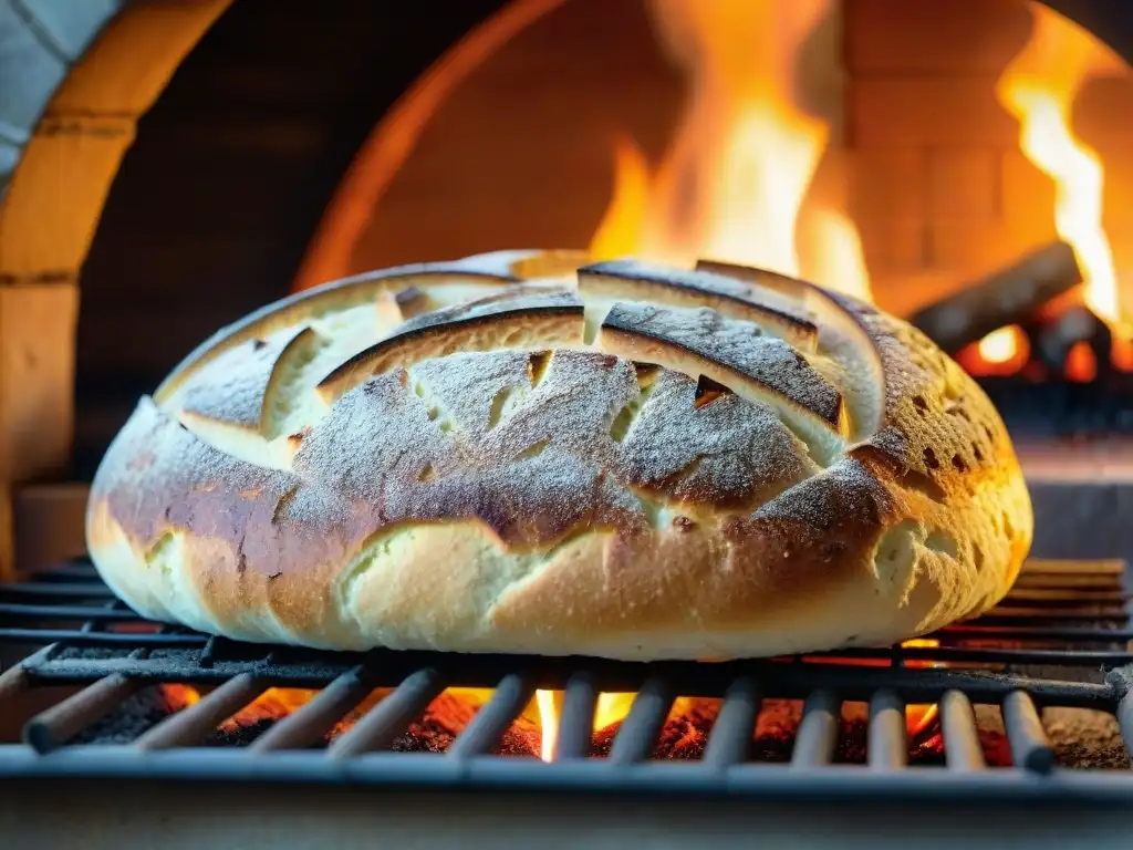 Horneado en leña estilo italiano: Horno de leña con pan recién horneado y llamas danzantes