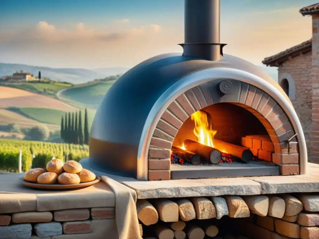 Horno de leña estilo italiano con llamas, paisaje campestre y humo, evocando horneado en leña estilo italiano