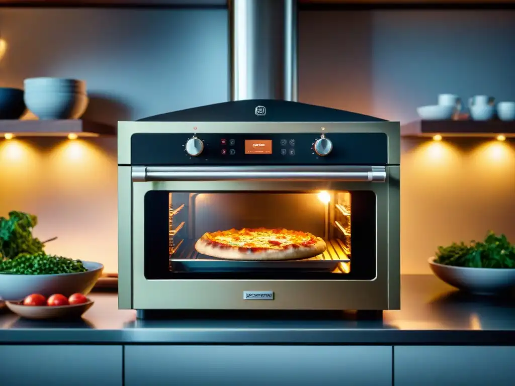 Un horno inteligente de última generación horneando una pizza italiana en una cocina moderna, con electrodomésticos integrados