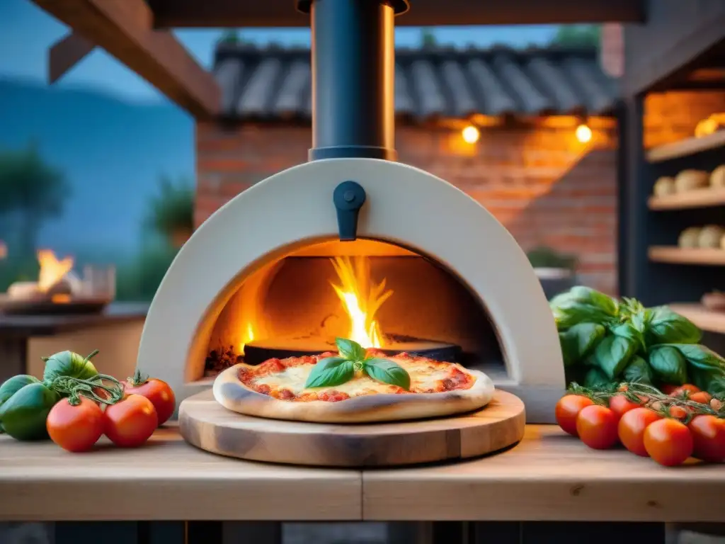 Un horno de leña italiano iluminado por las llamas, donde se cocinan deliciosos platos al horno bajo un cielo estrellado