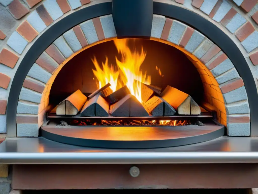 Horno de leña italiano con ladrillos desgastados, llamas y restos carbonizados