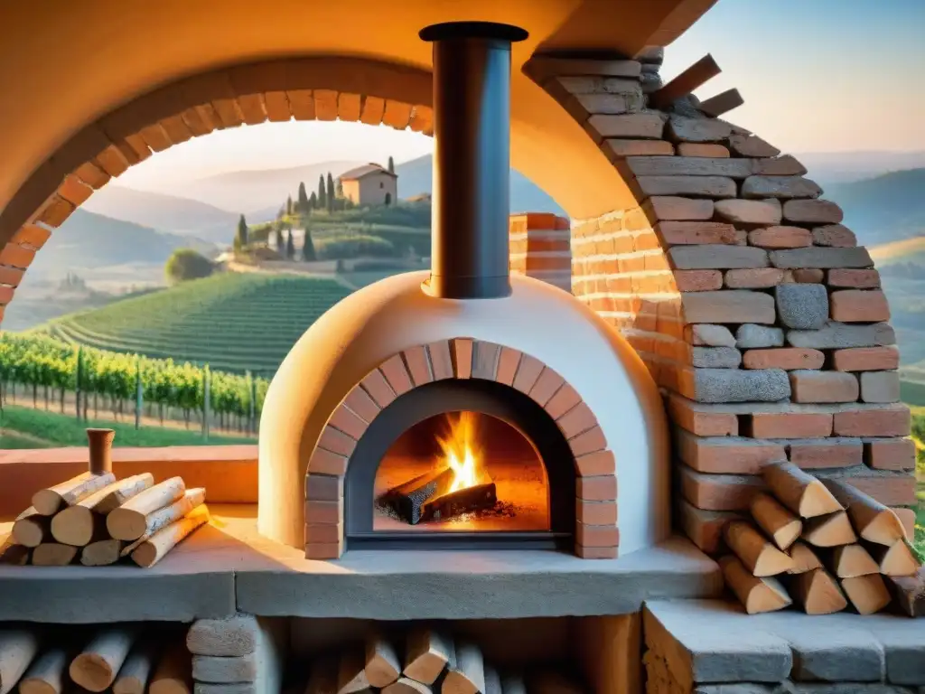 Horno de leña italiano con paisaje campestre al atardecer