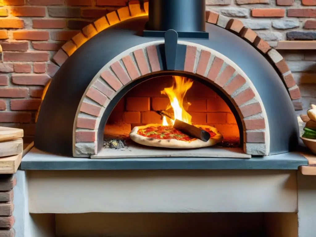 Un horno de pizza italiano tradicional con fuego ardiente y piedras de hornear para pizza, listo para crear una obra maestra culinaria