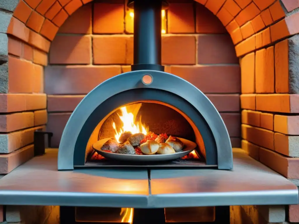 Un horno de leña italiano tradicional iluminado por brasas anaranjadas y rojas, con platos al horno de leña cocinándose a la perfección