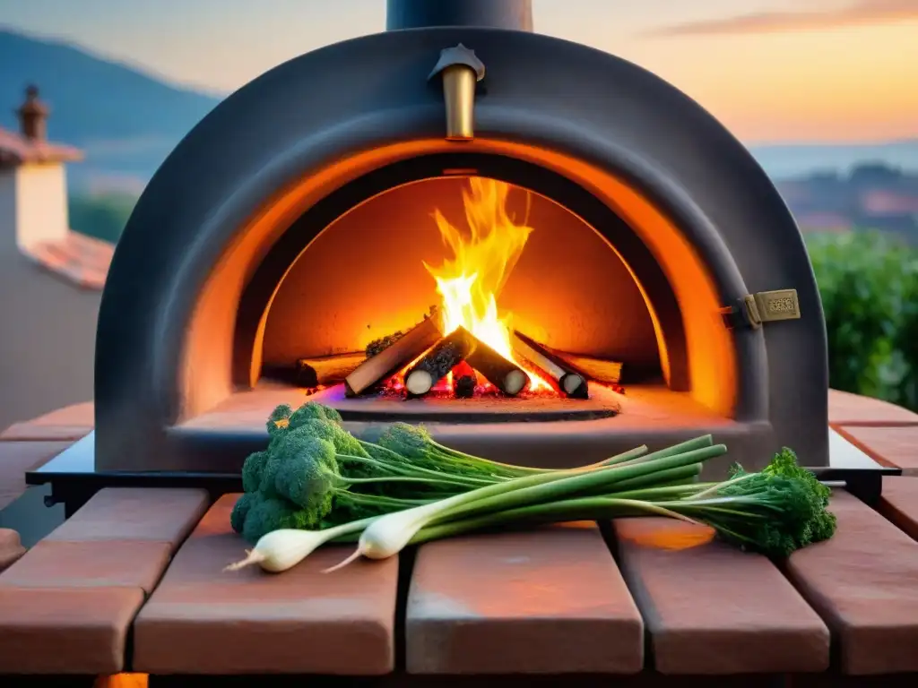 Un horno de leña italiano tradicional iluminado en naranja intenso en una noche estrellada, listo para cocinar platos al horno de leña