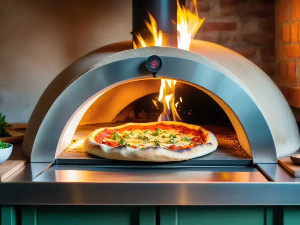 Un horno de pizza italiano tradicional iluminado por fuego, manos expertas preparando masa y toppings, creando auténtica pizza napolitana