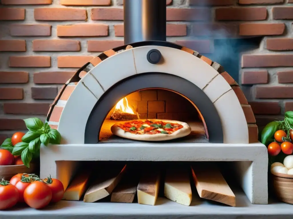 Un horno de pizza italiano tradicional con llamas danzantes, rodeado de ingredientes frescos