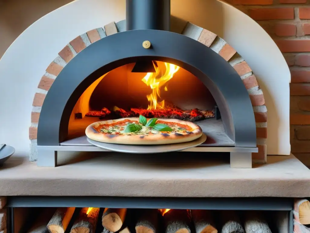 Un horno de pizza italiano tradicional en acción, con llamas danzantes y aroma a leña, en una cocina rústica italiana