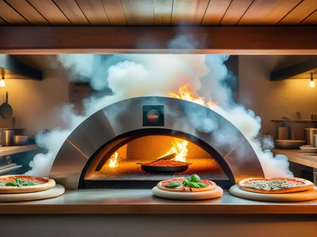 Un horno de leña iluminando una animada pizzería italiana, con chefs preparando pizzas y comensales disfrutando