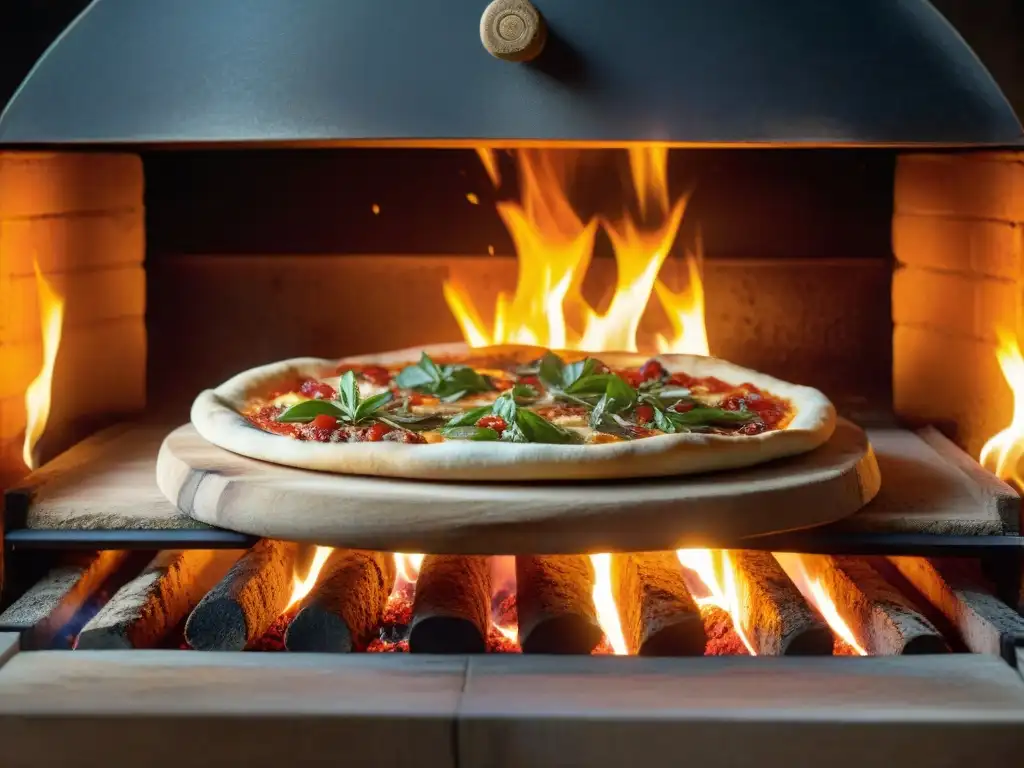 Arte del fuego: horno de leña, embers y pizza recién hecha Un horno de leña con brasas brillantes y un pelador de pizza de madera, listo para cocinar