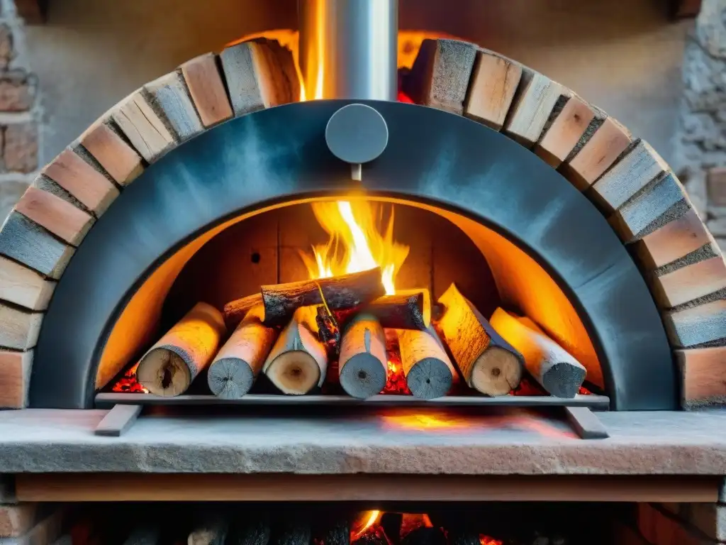 Horno de leña en Nápoles con llamas danzantes, revelando secretos para preparar pizza napolitana