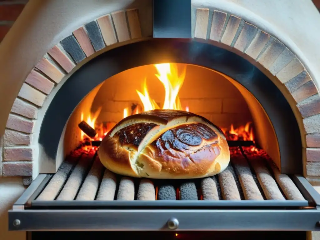 Horno de leña con puerta entreabierta y llamas bailando en los troncos, evocando el sabor de platos horneados leña