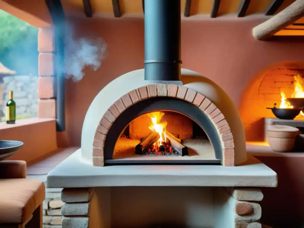 Un horno de leña tradicional con fuego intenso, luz dorada y humo, evocando la cocción lenta y sabores artesanales