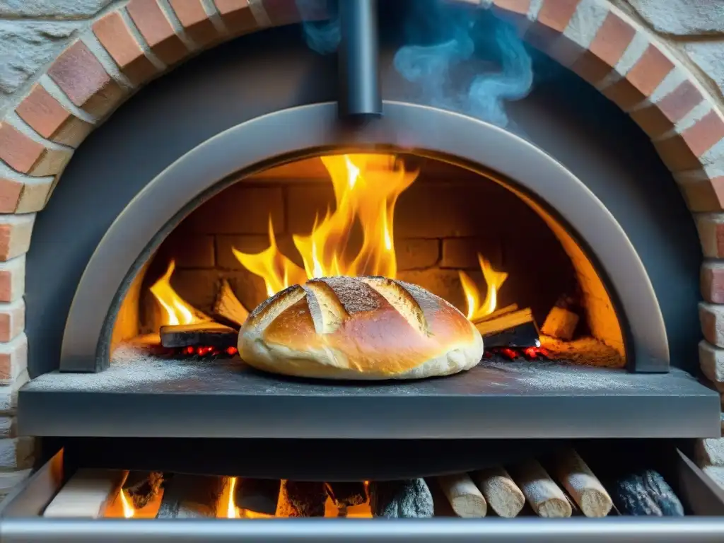 Horno de leña tradicional en plena temperatura, horneando un pan rústico dorado