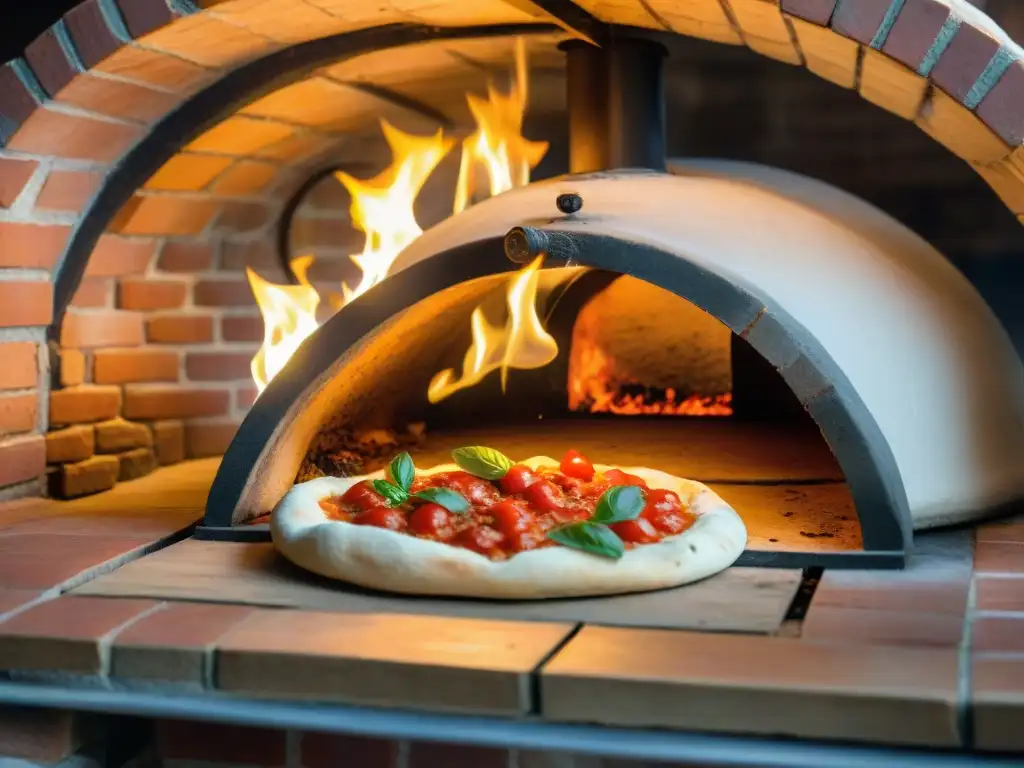 Un horno de leña en Nápoles, Italia, con llamas danzantes y ambiente tradicional, mostrando la historia de la pizza Margherita