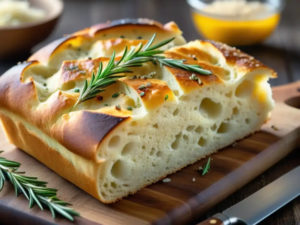 Del horno a la mesa: focaccia recién horneada con una corteza dorada, romero y sal marina, lista para saborear