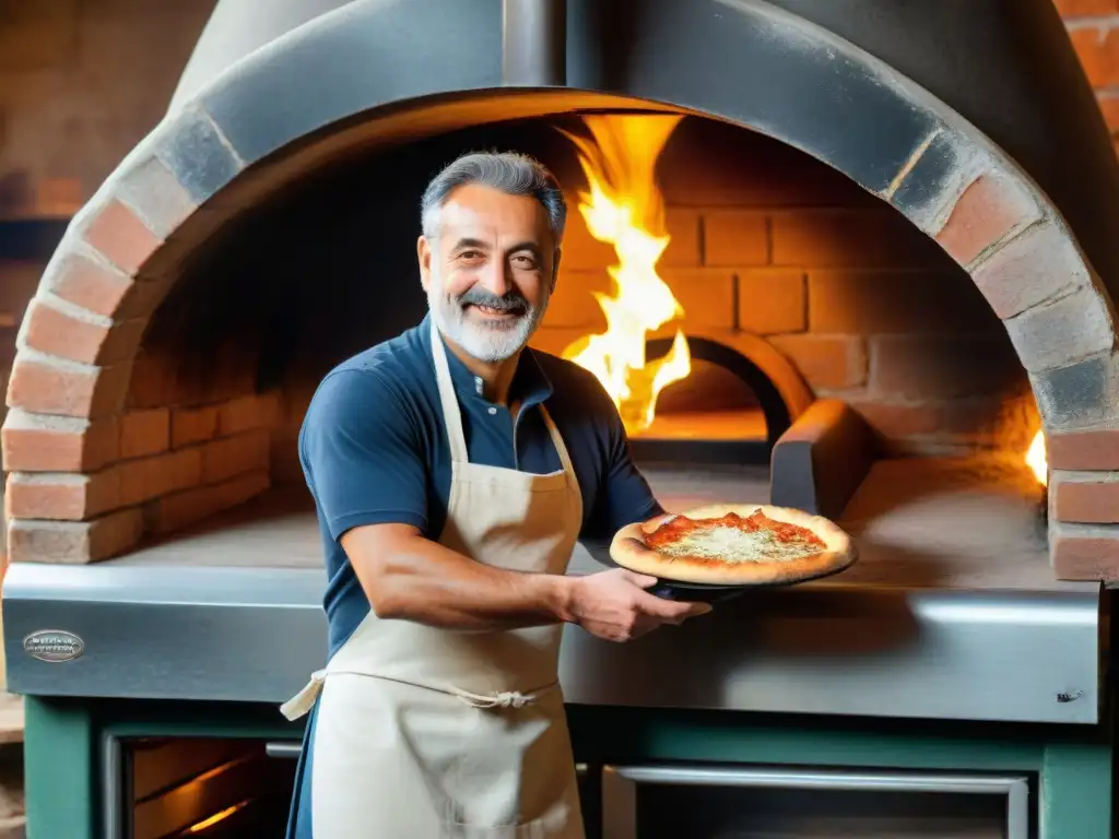 Horno de piedra para pizza: Pizzaiolo experto estirando masa con destreza frente a horno rústico brillante