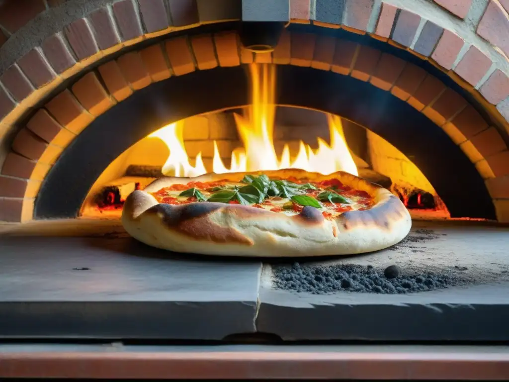 Horno de piedra para pizza italiano con pizzas napolitanas perfectamente cocidas en un ambiente rústico y cálido