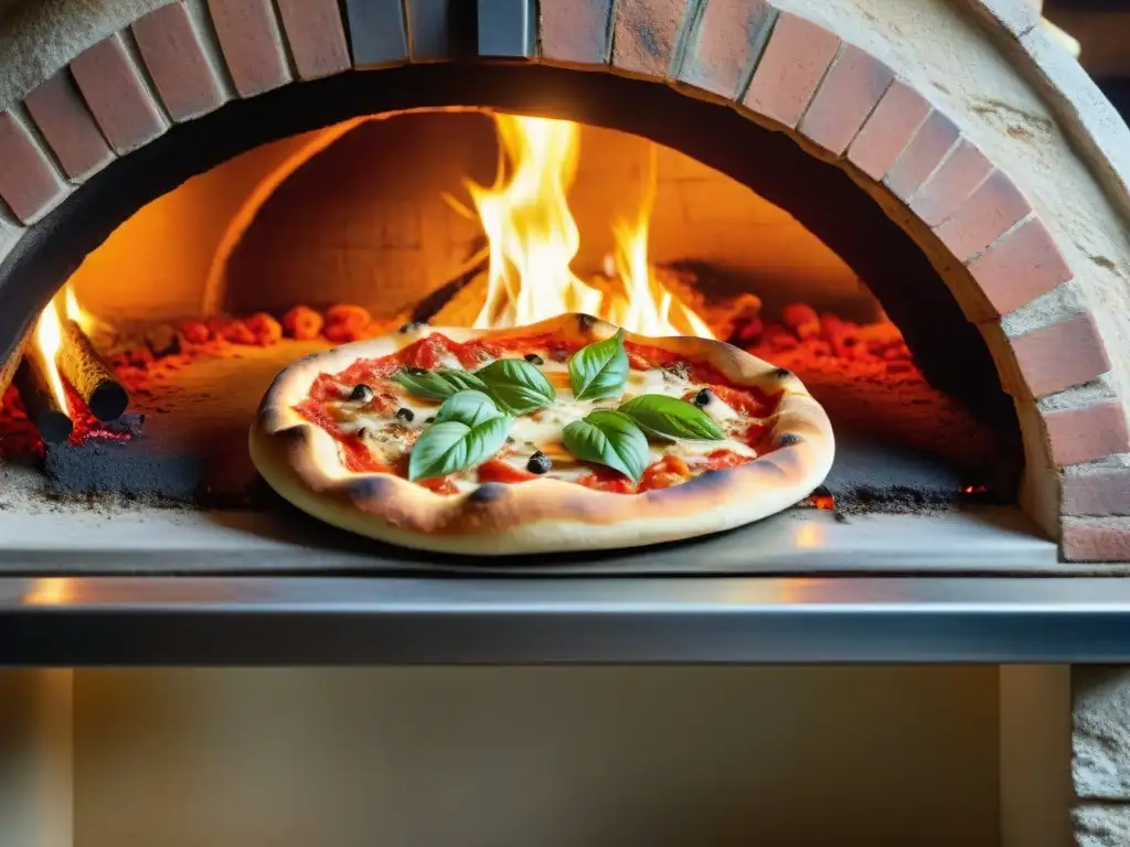 Horno de piedra para pizza: detalle de una pizza recién horneada con queso burbujeante y bordes dorados, cocinada en un horno tradicional italiano