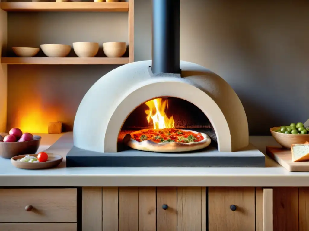 Un horno de piedra para pizza iluminado por el fuego, con una pizza recién horneada siendo deslizada, crea un ambiente italiano auténtico