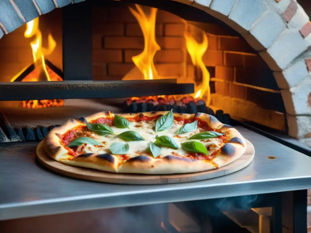 Horno de pizza de leña en la hora dorada, con llamas bailando sobre una pizza perfectamente horneada