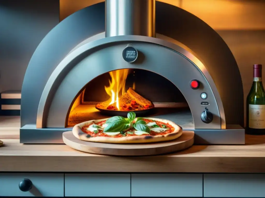 Un horno para pizza italiano moderno con controles de temperatura detallados, horneando una pizza perfecta en una cocina rústica