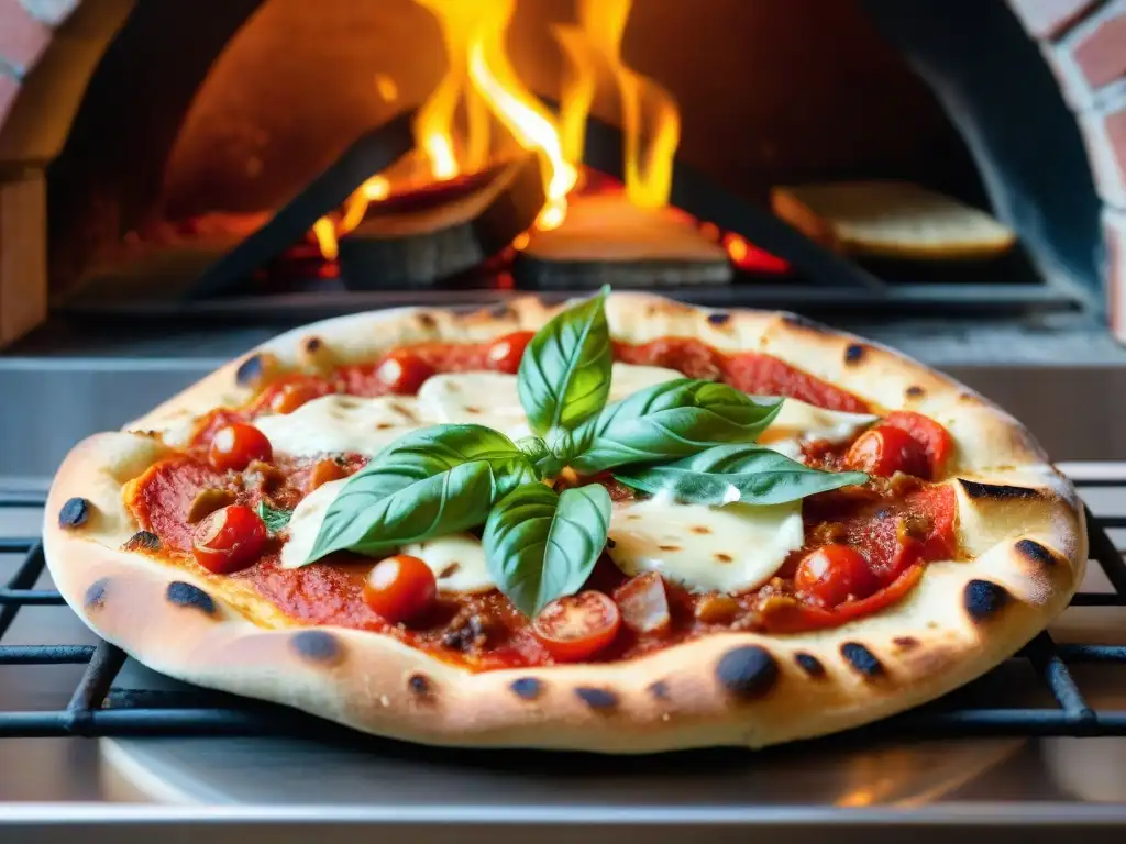 Del horno de leña a la perfección: una pizza napolitana tradicional con bordes dorados, queso burbujeante y fresca albahaca y tomates San Marzano