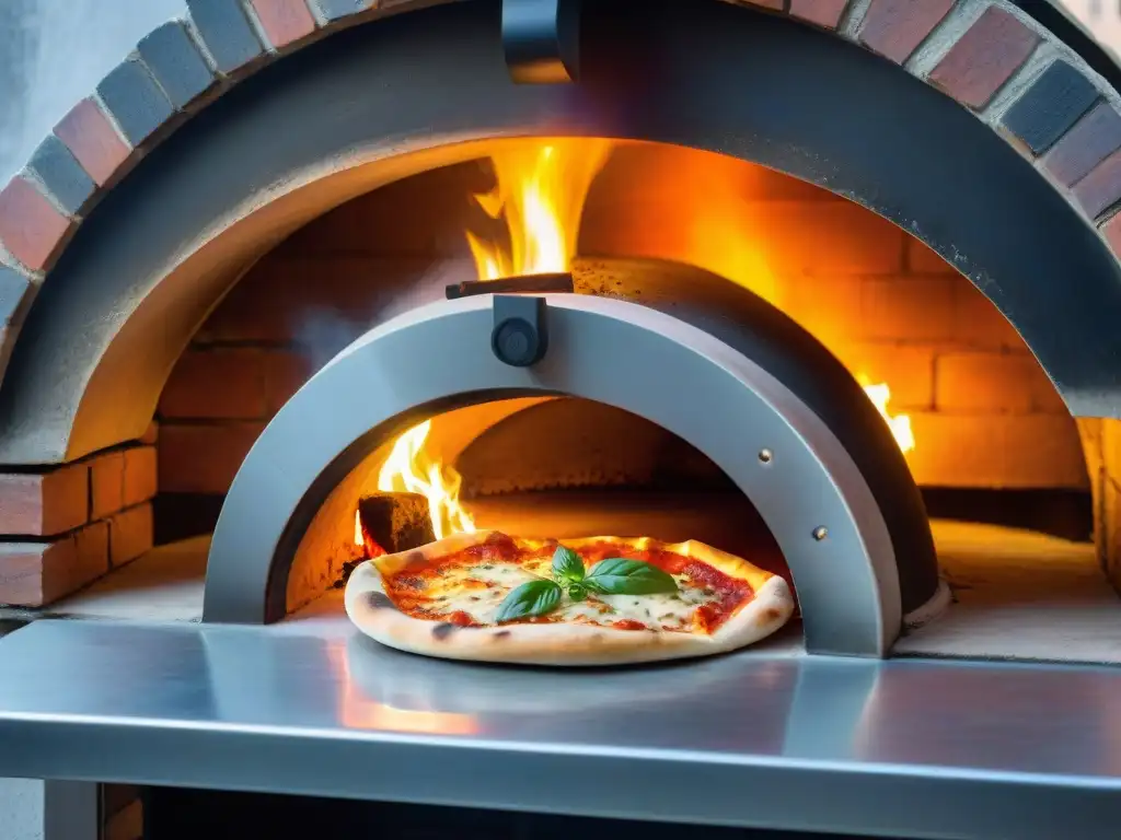 Un horno de pizza tradicional en Nápoles con historia pizza napolitana tradición: llama danzante, horno iluminado y pizzaiolo experto