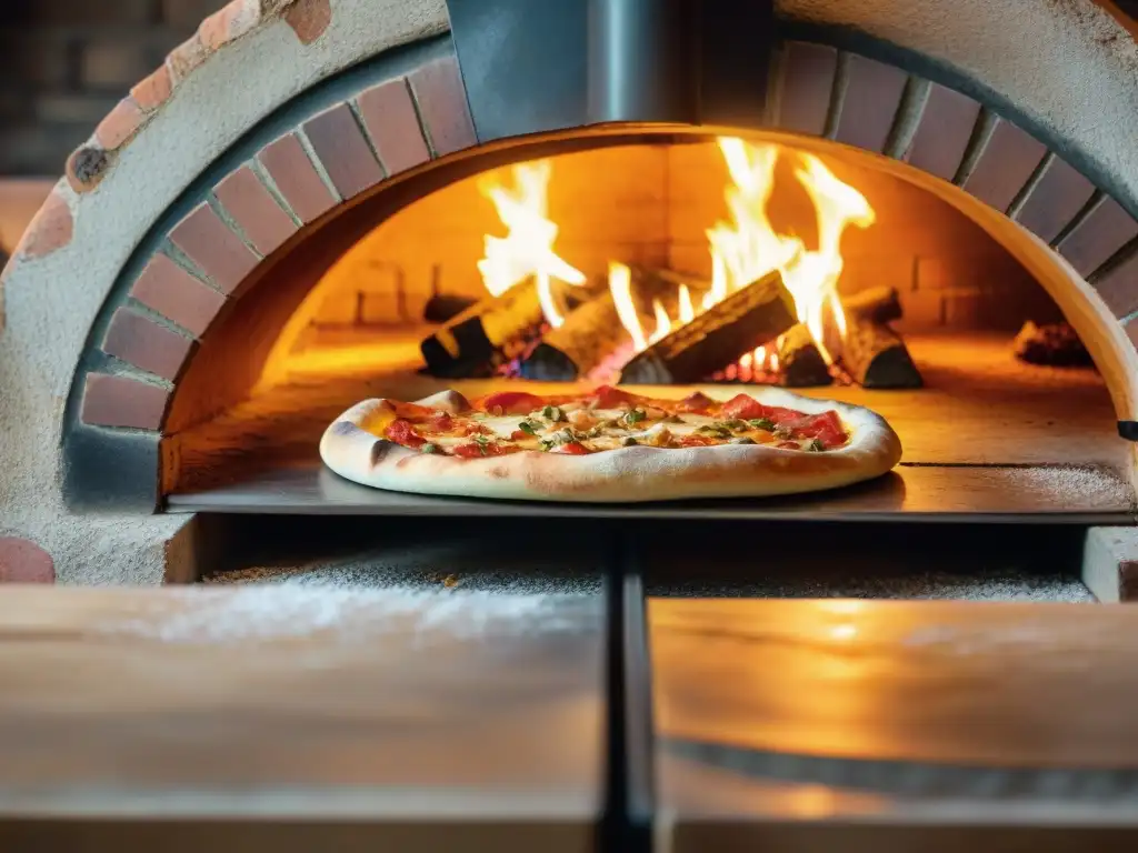 Un horno de pizza tradicional con llamas danzantes y una pizza napolitana entrando en el fuego