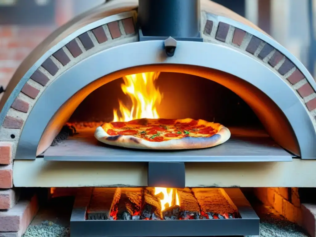 Horno de pizza tradicional en Nápoles con llamas, mostrando la receta tradicional pizza napolitana casera