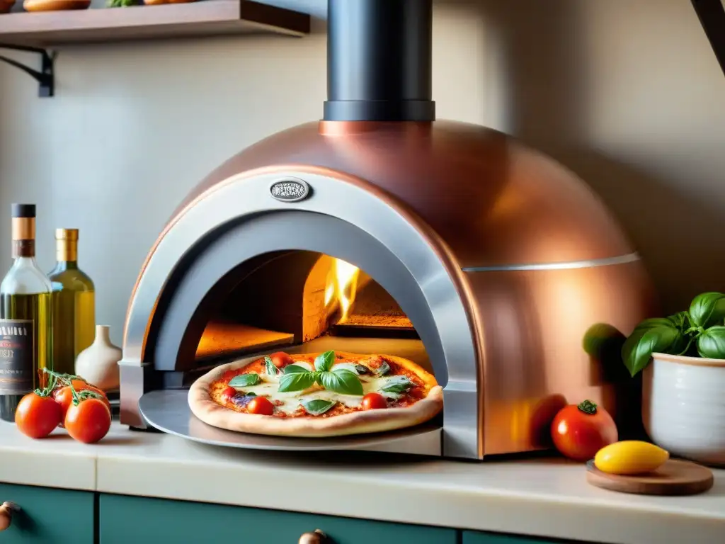 Un horno de pizza ultramoderno con tecnología italiana avanzada, en una cocina rústica, iluminando un ambiente acogedor