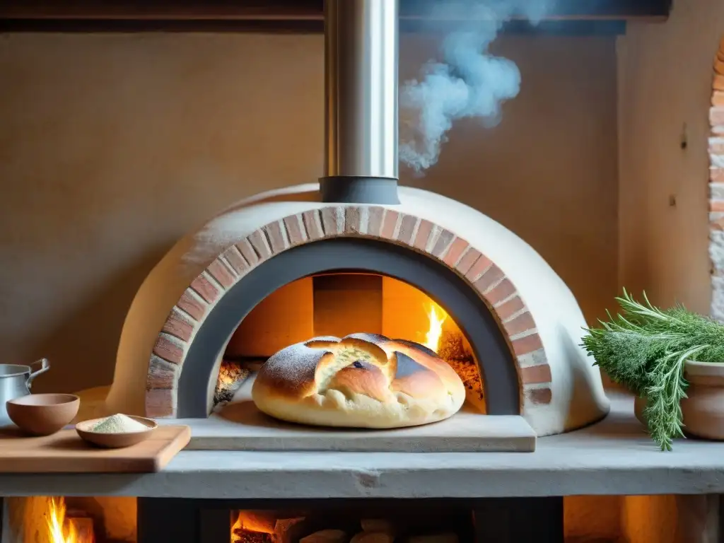 Un horno de leña rústico en la campiña italiana con focaccia, rodeado de hierbas frescas y manos de panadero