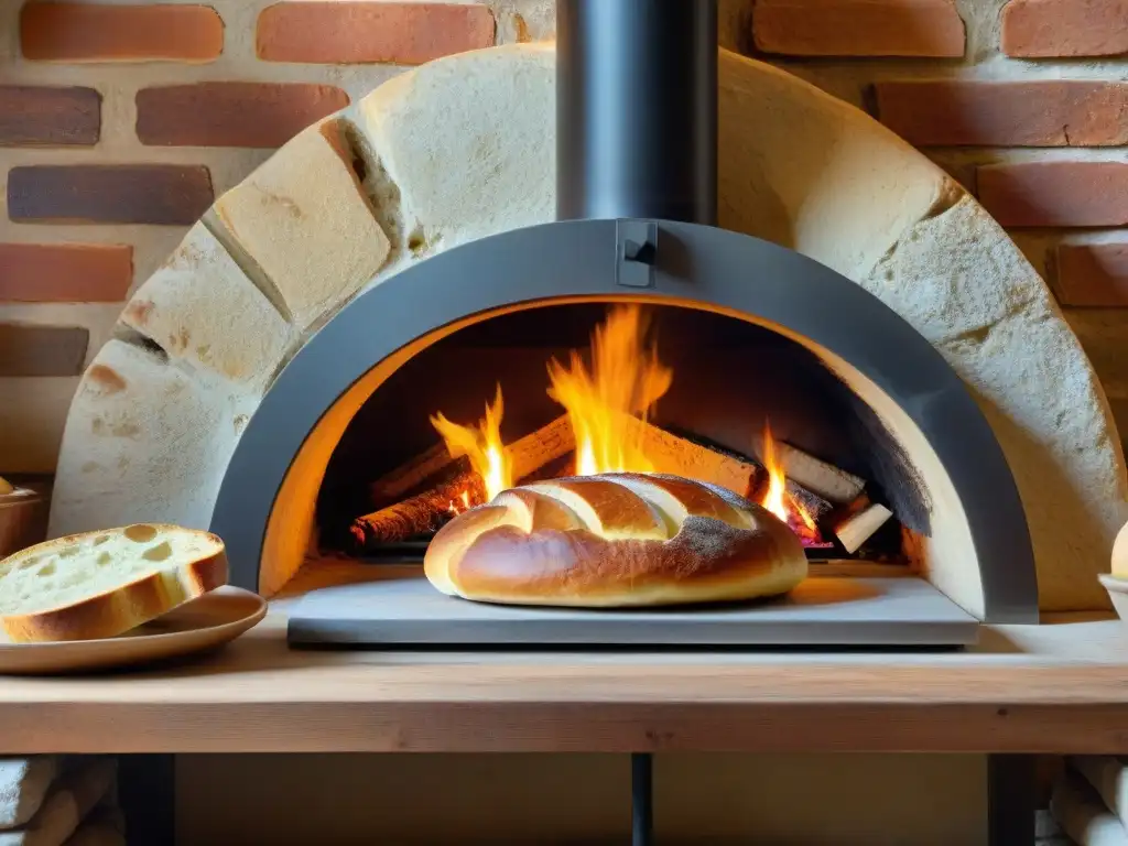 Un horno de leña rústico con focaccias doradas y crujientes horneándose, evocando tradición y maestría artesanal