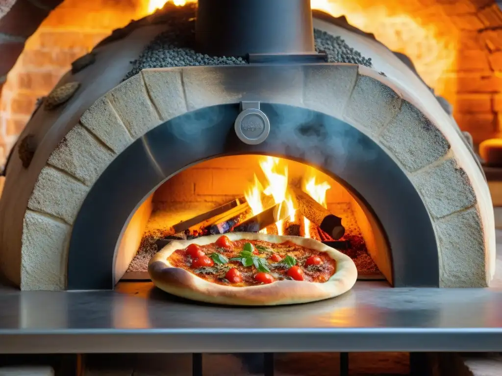 Un horno de leña siciliano muestra una deliciosa pizza bubbling, listo para saborear