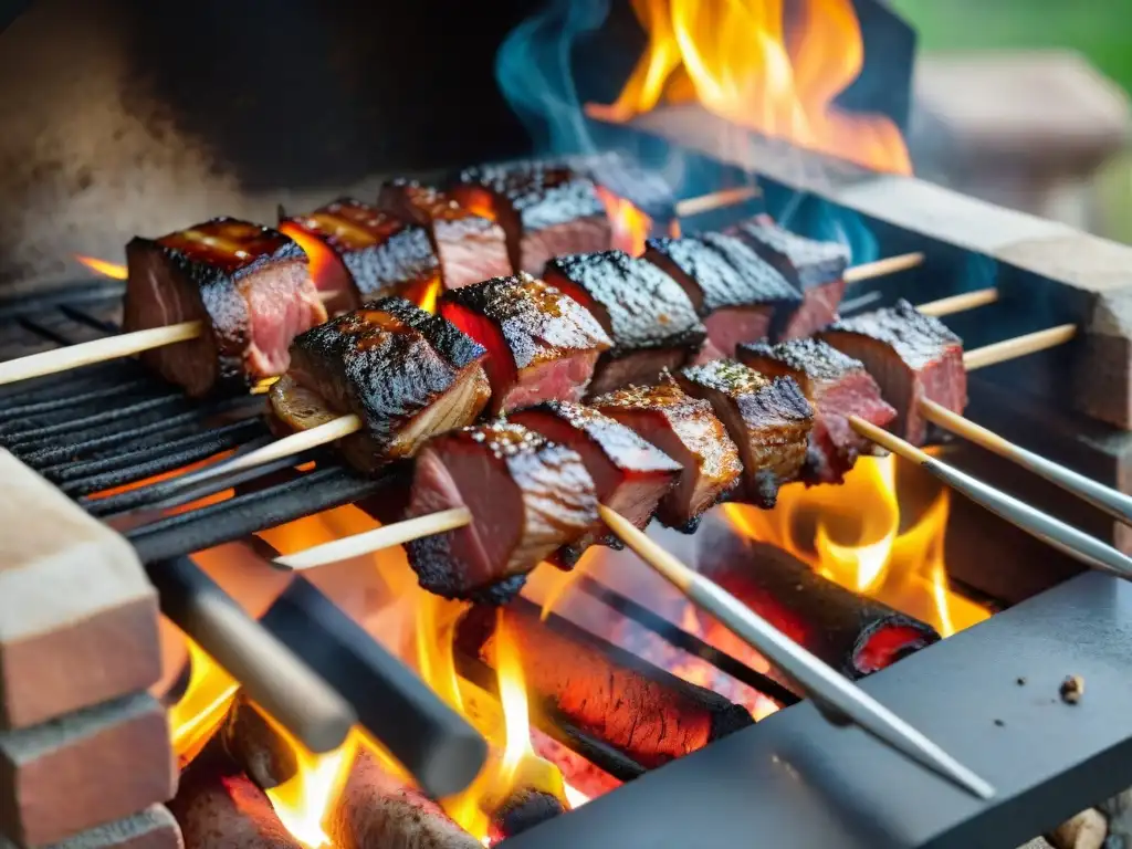 Un horno de leña italiano tradicional con carnes asándose lentamente sobre brasas, en una atmósfera rústica y auténtica de asado italiano