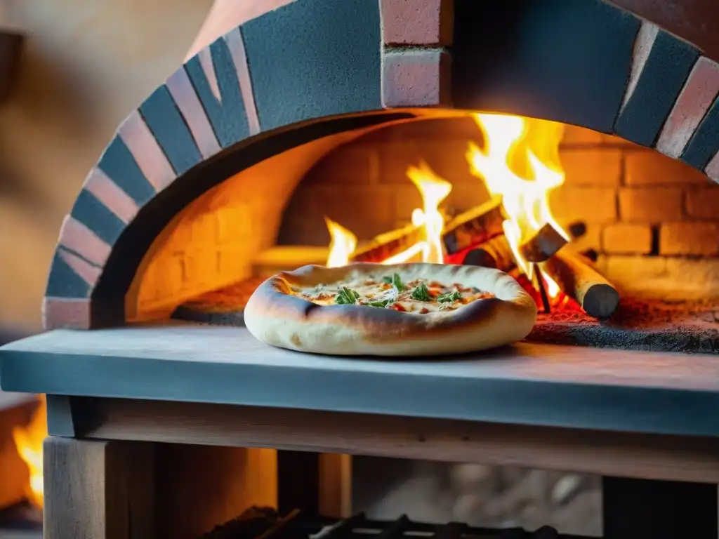 Un horno de leña tradicional iluminado por llamas mientras un chef estira masa de pizza