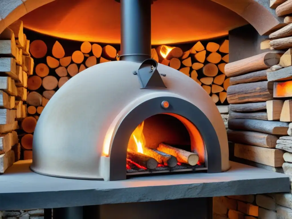 Horno de leña italiano: fuego y tradición Un horno de leña tradicional italiano iluminado por llamas naranjas y rojas, creando un ambiente cálido y acogedor